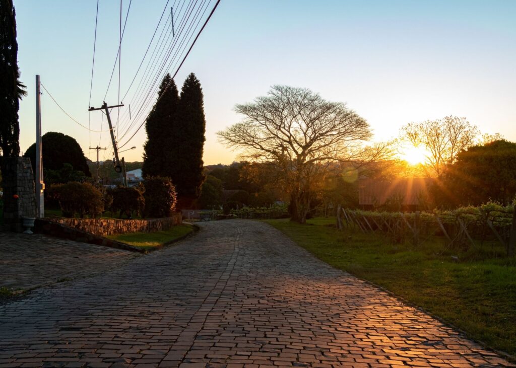 estrada de pedras com árvores e pôr do sol ao fundo