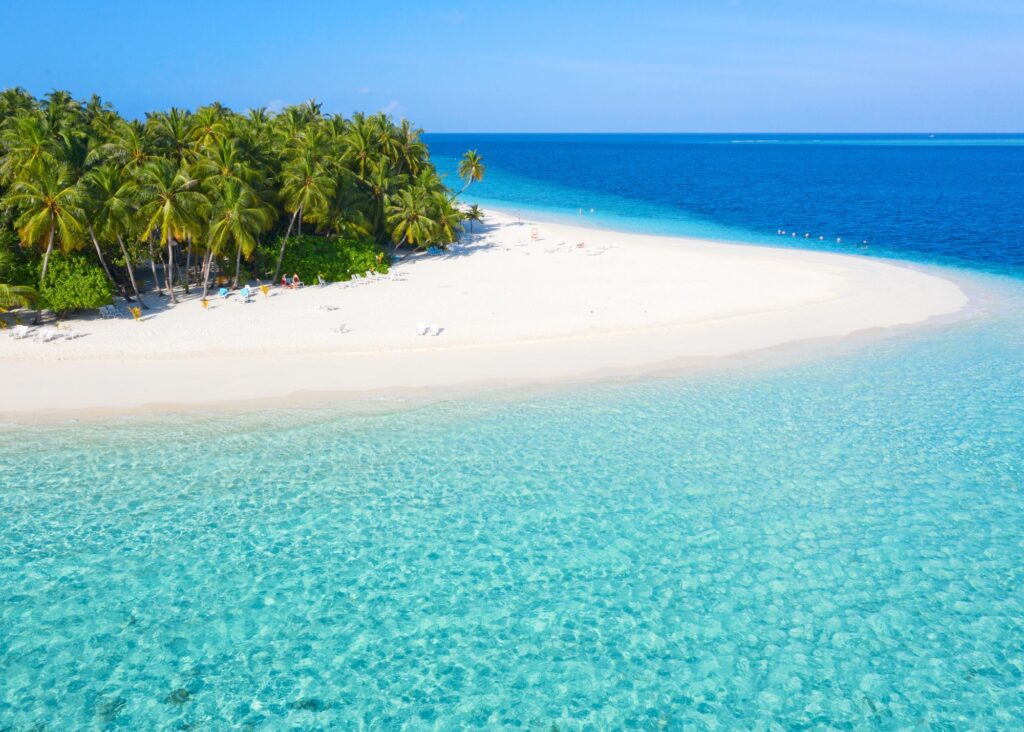 ilha de coqueiros e areia branca rodeada de mar turquesa