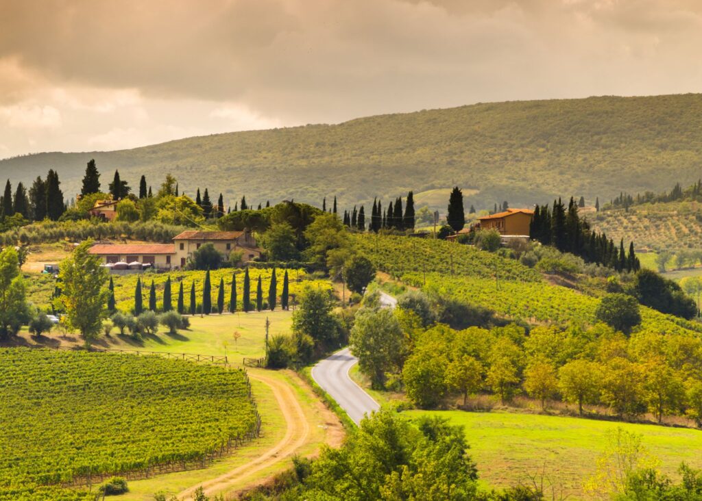 paisagem de campos e caminhos com montanhas da toscana